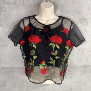 Whimsigoth Sheer Rose Embroidered Top Womens Medium Mesh Fairy Grunge Indie